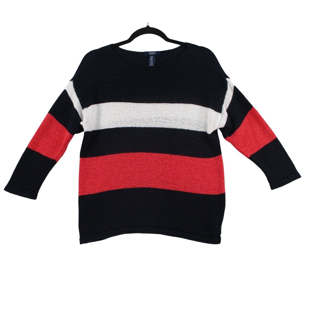 Chaps Womens Navy Blue Red White Striped Knit Boat Neck Sweater Large